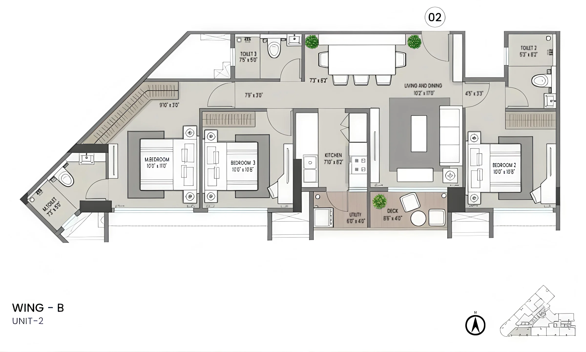 3 BHK floor plan of Shapoorji Pallonji Nine Arcs