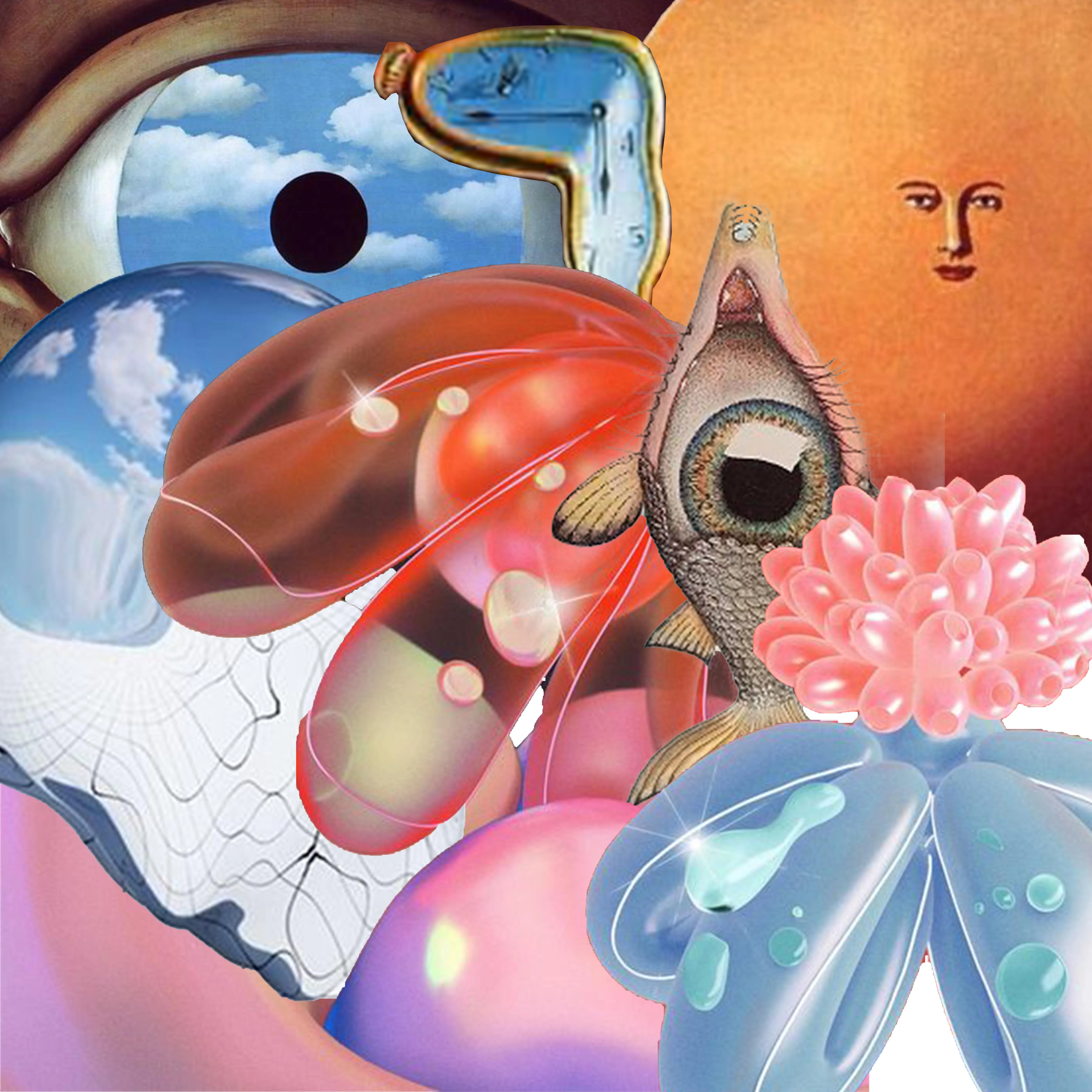 Surrealist digital collage featuring eyes, glossy organic shapes, pink coral-like forms, and Magritte-style sky elements in pastel tones