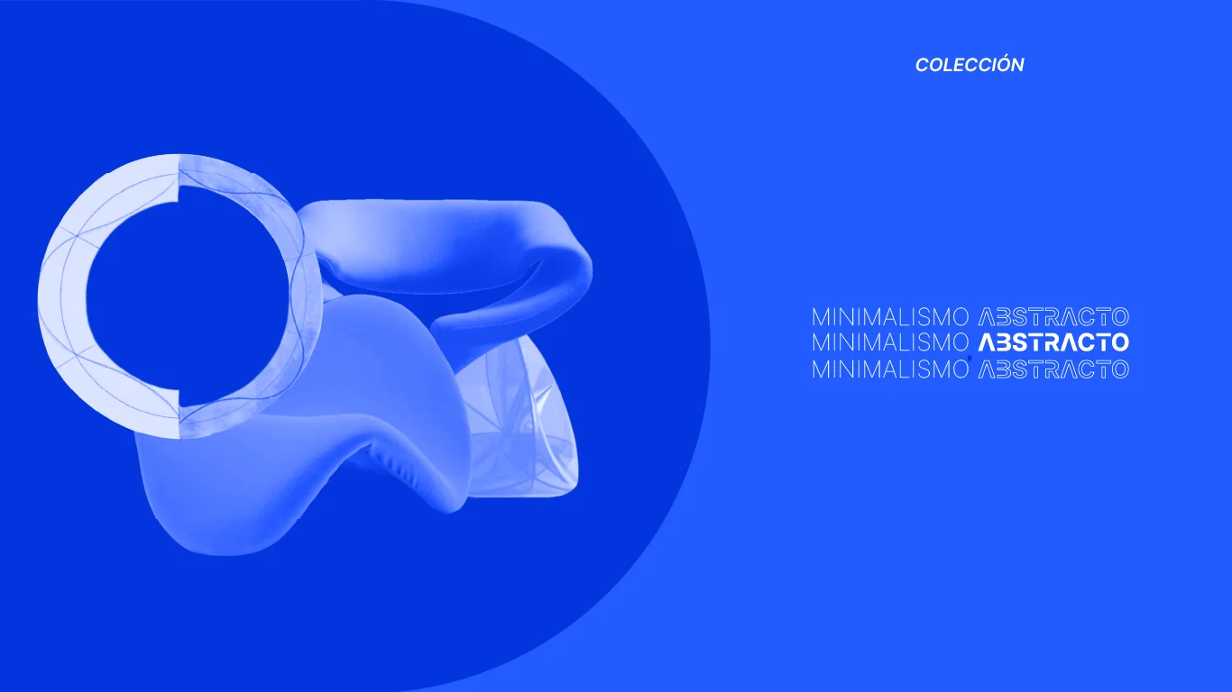Diseño abstracto con degradado azul presentando formas escultóricas translúcidas de vidrio con texto "Colección Minimalismo Abstracto" en tipografía blanca