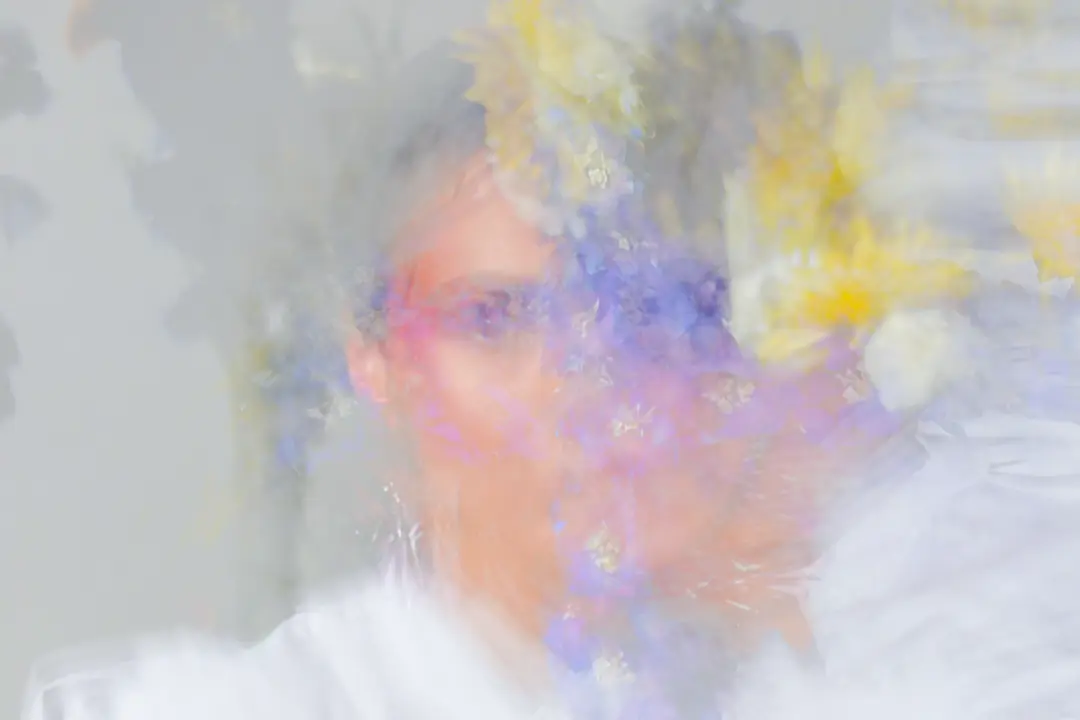 Surrealism collection - Woman with blurred background, vibrant purple and yellow colors, naturalistic and surrealistic style resembling a painting