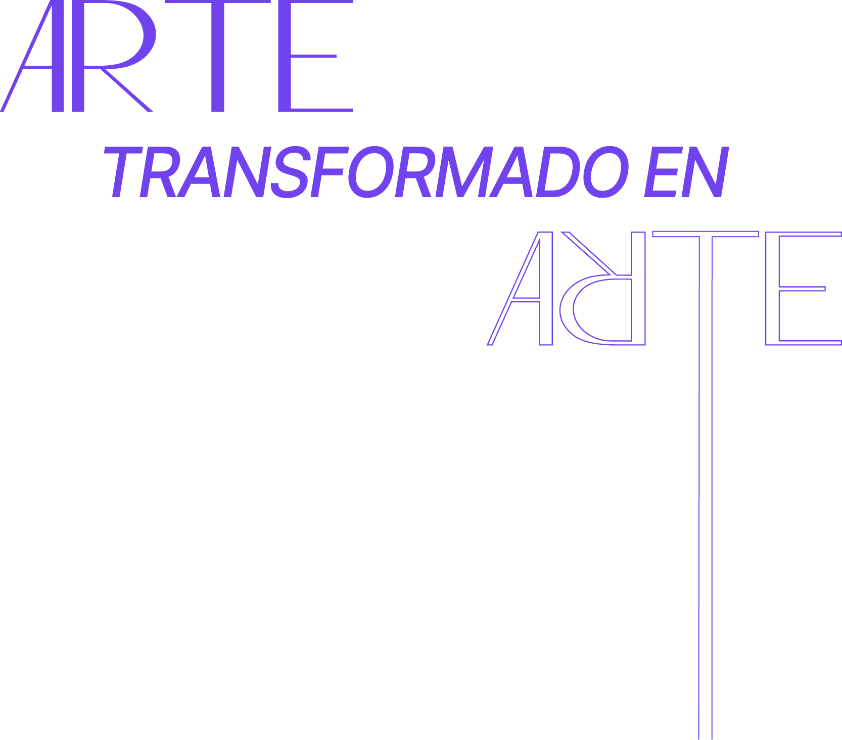 Fondo oscuro minimalista con texto en morado que dice “Arte transformado en”, con diseño tipográfico abstracto.