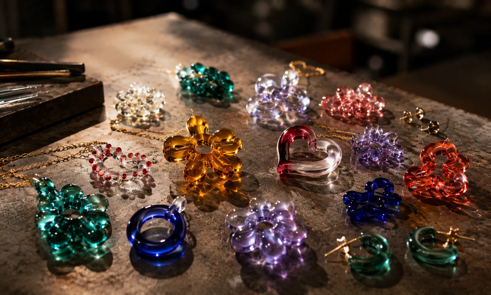 Materiales de joyería artesanal: vidrio soplado y plata 950 sobre mesa de trabajo