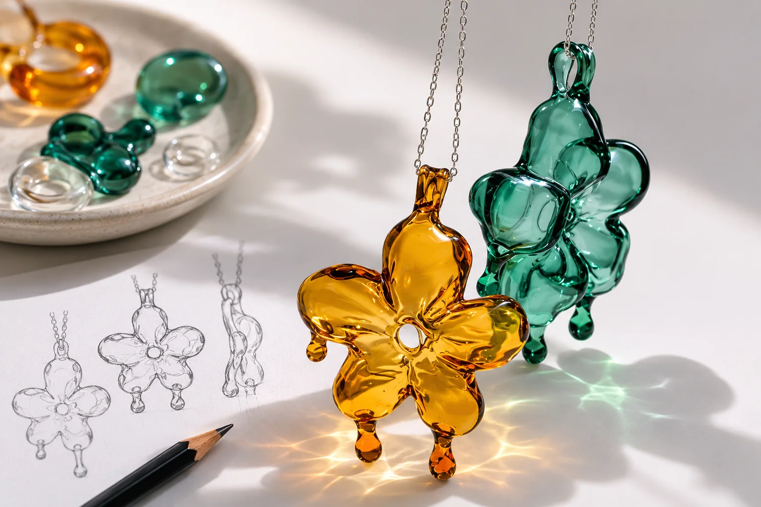 Resultado final de joyeria personalizada artesanal de vidrio soplado y plata