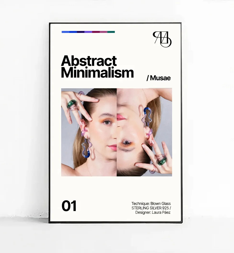 Catalog cover for "Minimalismo Abstracto / Musae" jewelry collection. Artistic portrait of a woman with her face split vertically: one half upright and the other inverted (upside down), wearing blown glass earrings and rings in blue, pink, and green tones. Minimalist design with black typography, number 01, and credits to Laura Páez.