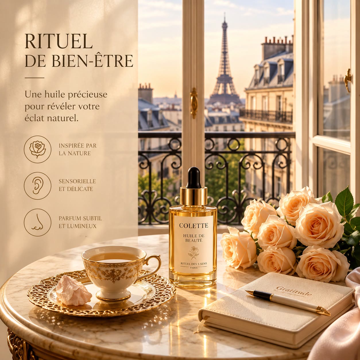 Le flacon d’Huile de Beauté Colette posé face à un balcon parisien
