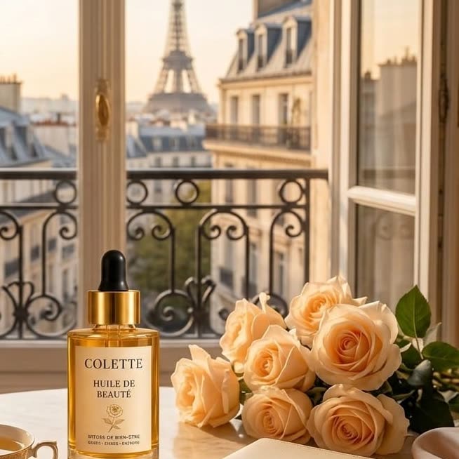 Le flacon d’Huile de Beauté Colette posé face à un balcon parisien