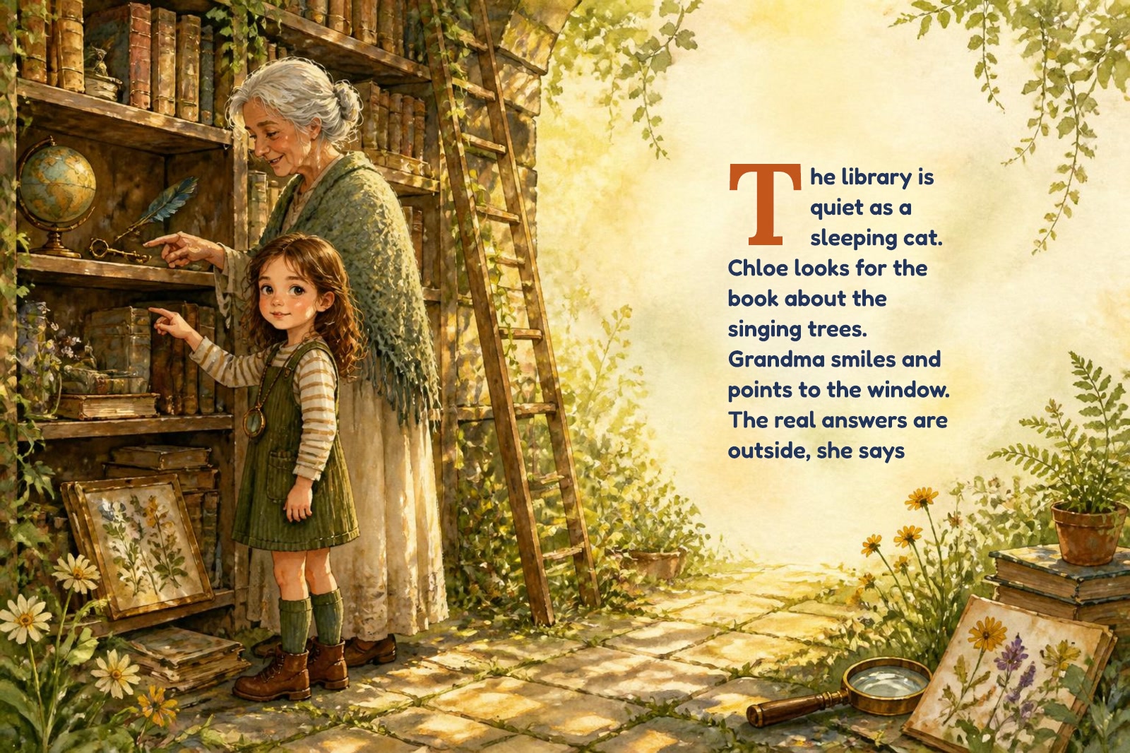 Page 1 of "Chloe and the Library of Whispering Seeds"