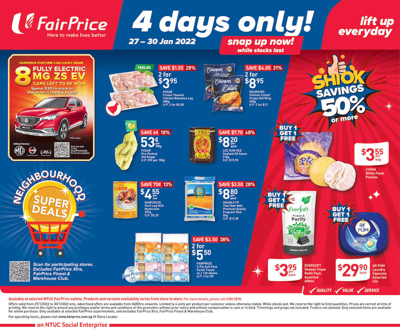 NTUC FairPrice,4 days only and shiok savings 50% or more