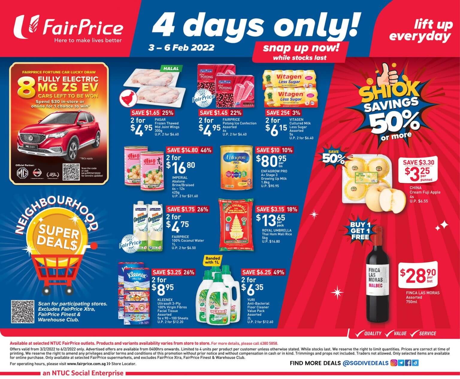 NTUC FairPrice,4 days only shiok savings 50% or more!