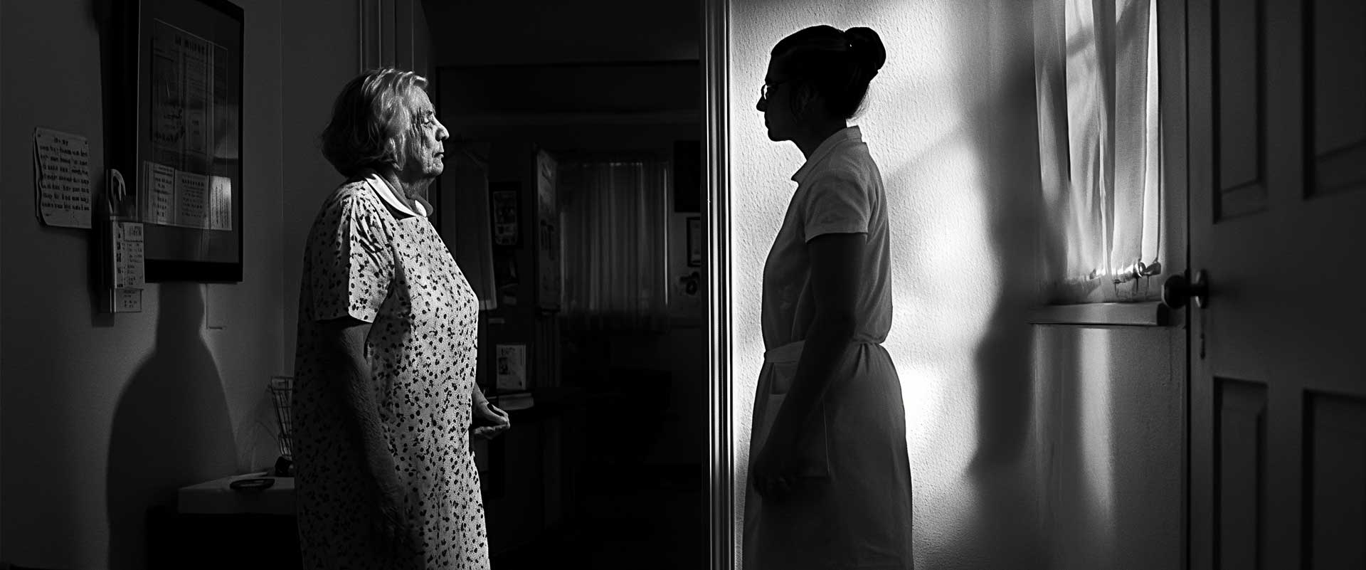 An older woman appearing distressed with a caregiver showing a menacing posture, symbolizing the danger of elder abuse.