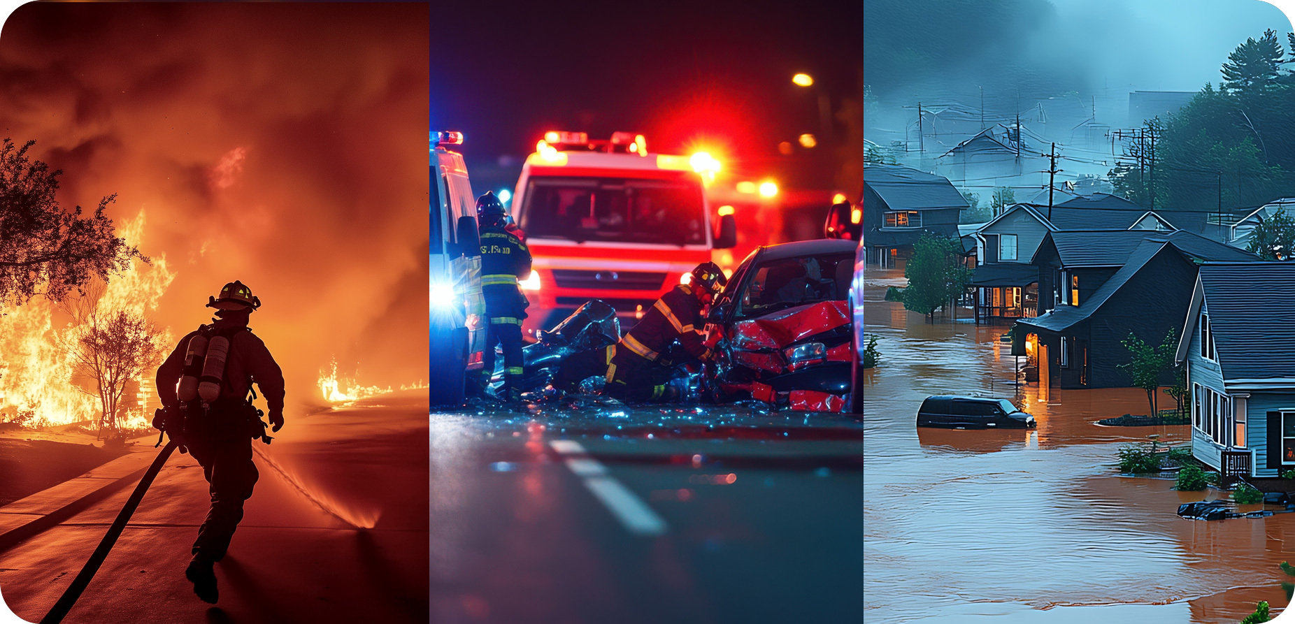 First responders responding to wildfires, car crashes, and floods.