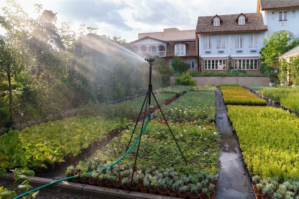 Modern watering system with long hose sprays fresh UH93L6J