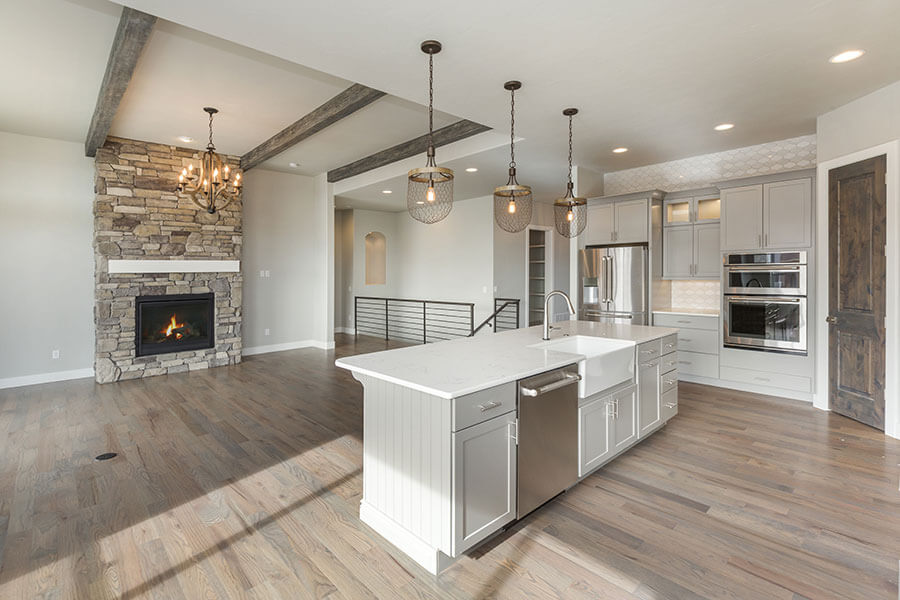 New flooring in a kitchen and great room