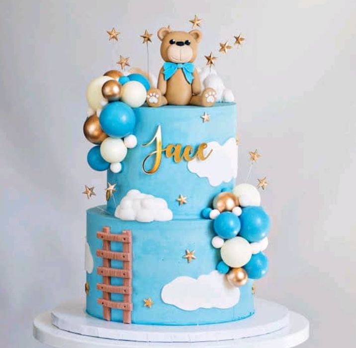 TWO TIER BABY BLUE SHOWER  BOY CAKE