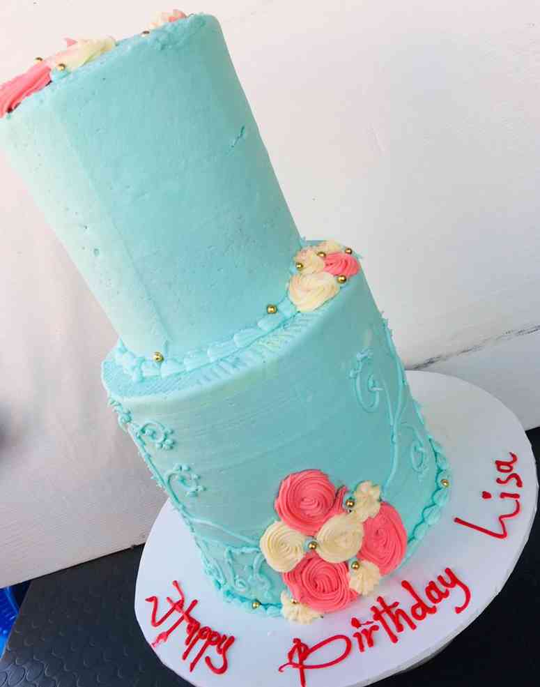 2 TIER BIRTHDAY CAKE IN BLUE.