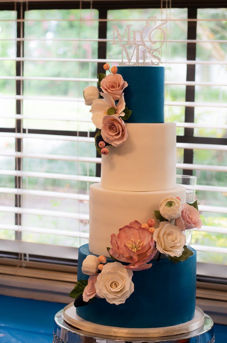 BLUE AND CREAM FLOWERED WEDDING CAKE 