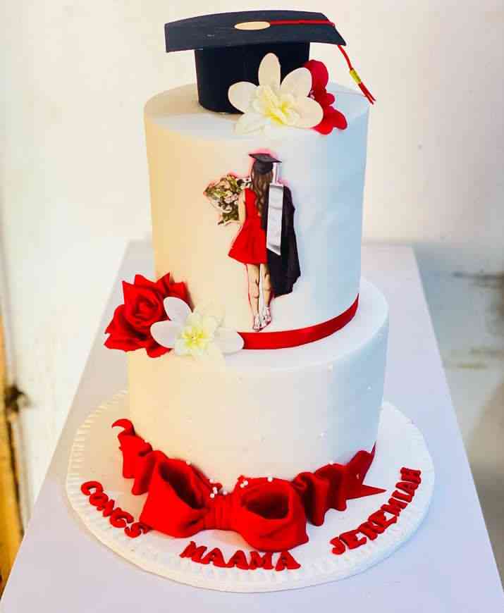 2TIER RED LOVE GRADUATION CAKE 