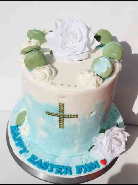 WHITE AND SKY BLUE BAPTISM CAKE