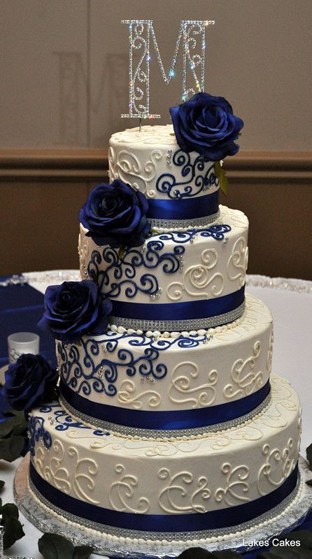 ROYAL BLUE AND CREAM WEDDING CAKE 