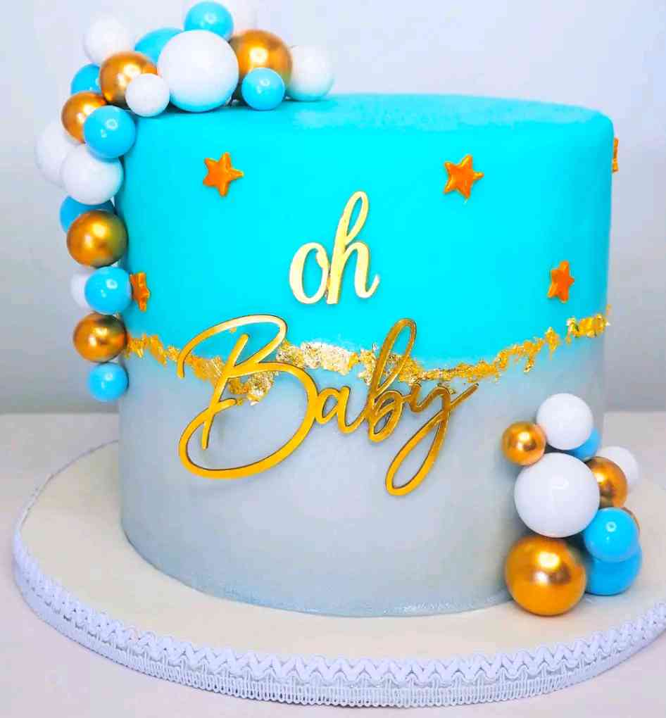 BLUE AND GREY FONDANT BABY SHOWER CAKE 