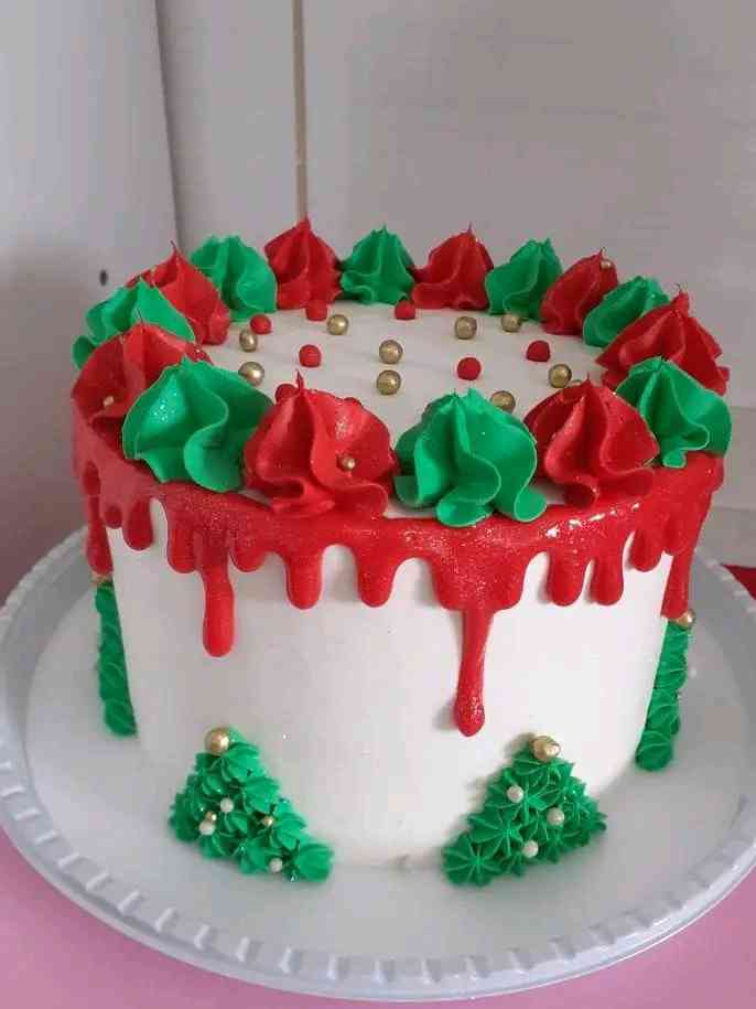 RED DRIPPED, GREEN FLORAL CHRISTMAS CAKE 