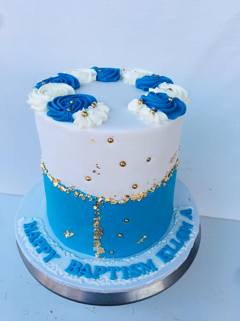 CREAM AND BLUE BAPTISM CAKE