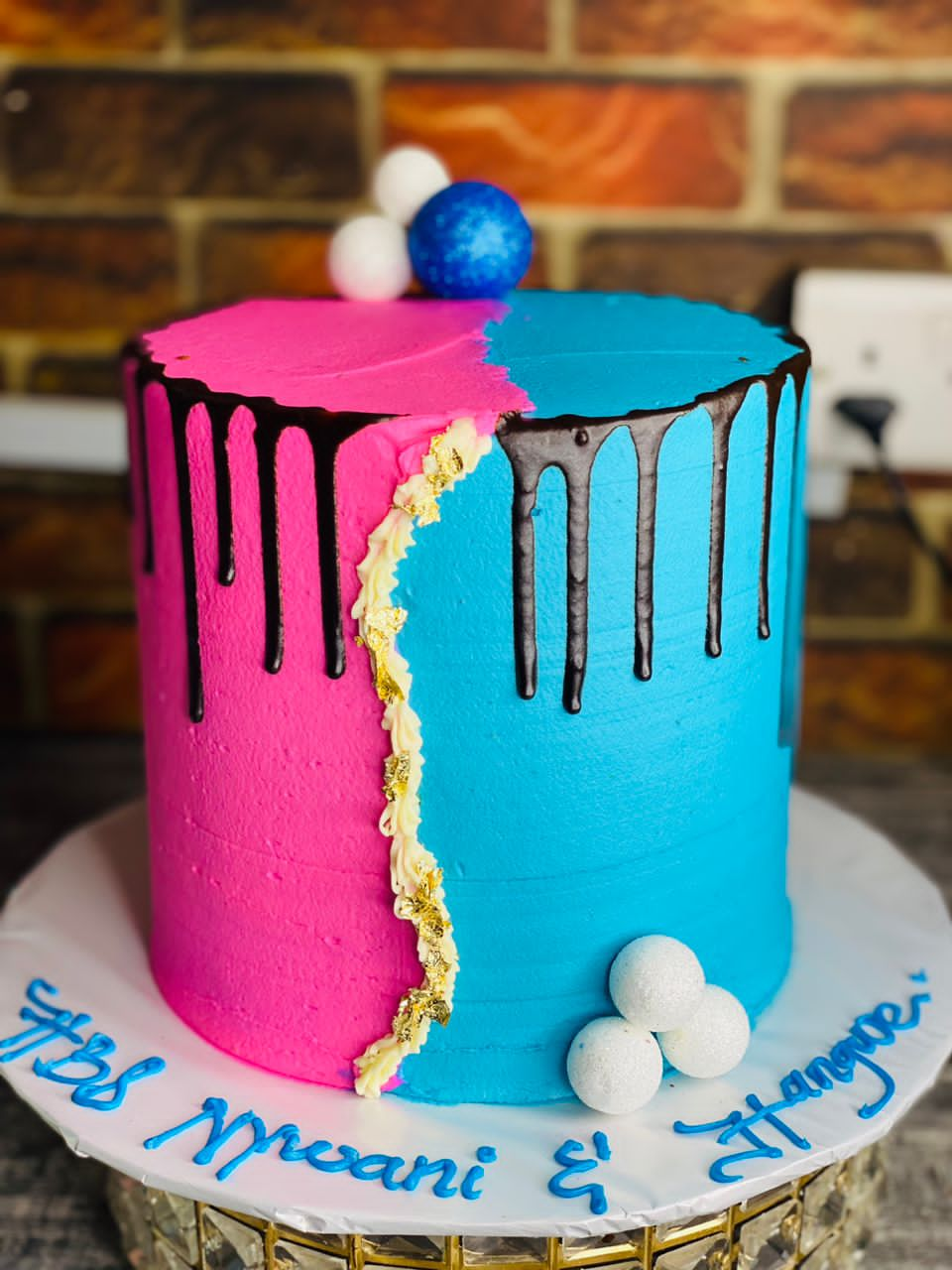 BLUE AND PINK CHOCOLATE DRIPPED @2 BIRTHDAY CAKE 