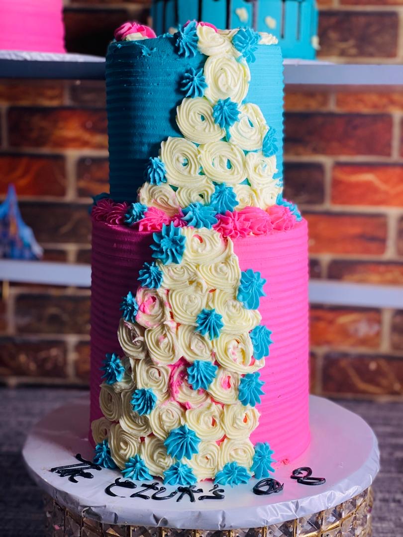 BLUE CREAM PINK TIER CAKE 