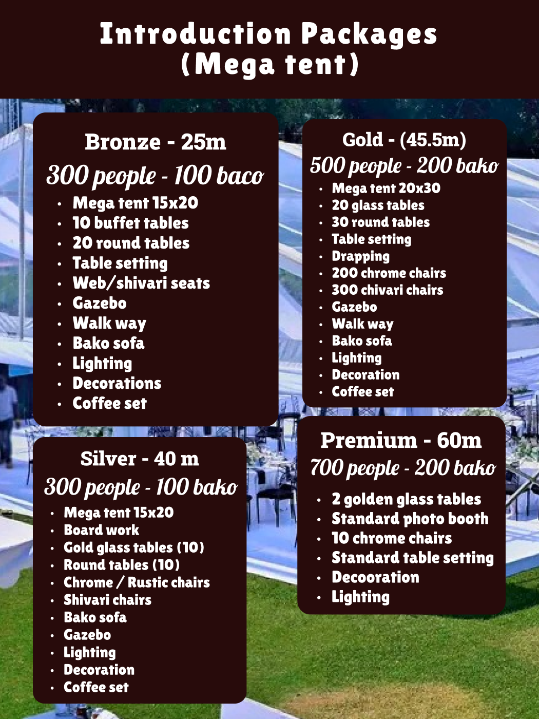 Introduction packages for mega tents