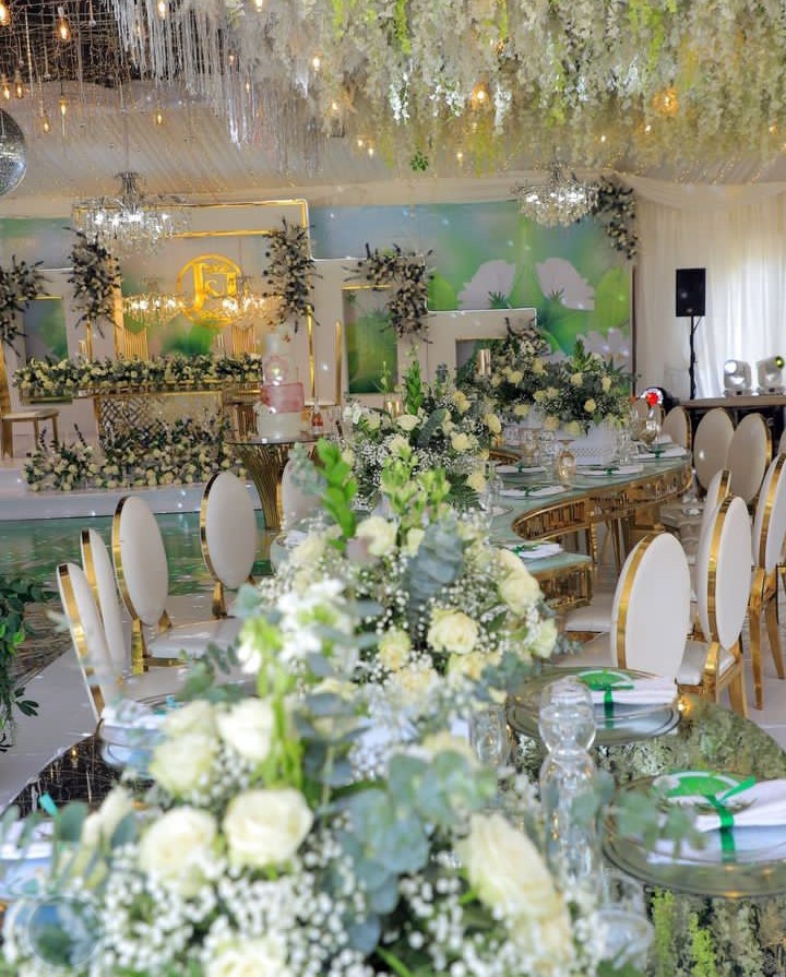 Green and white themed wedding decorations 