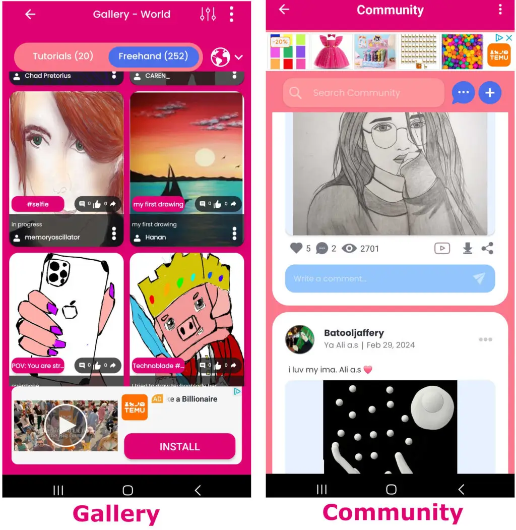 Paintology screenshots of Gallery and Community.