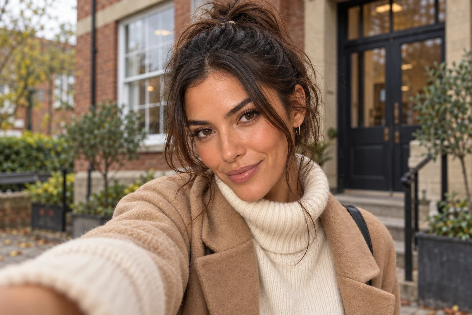 Anya taking a relieved selfie outside a brick building, wearing a cream jumper and tan coat.