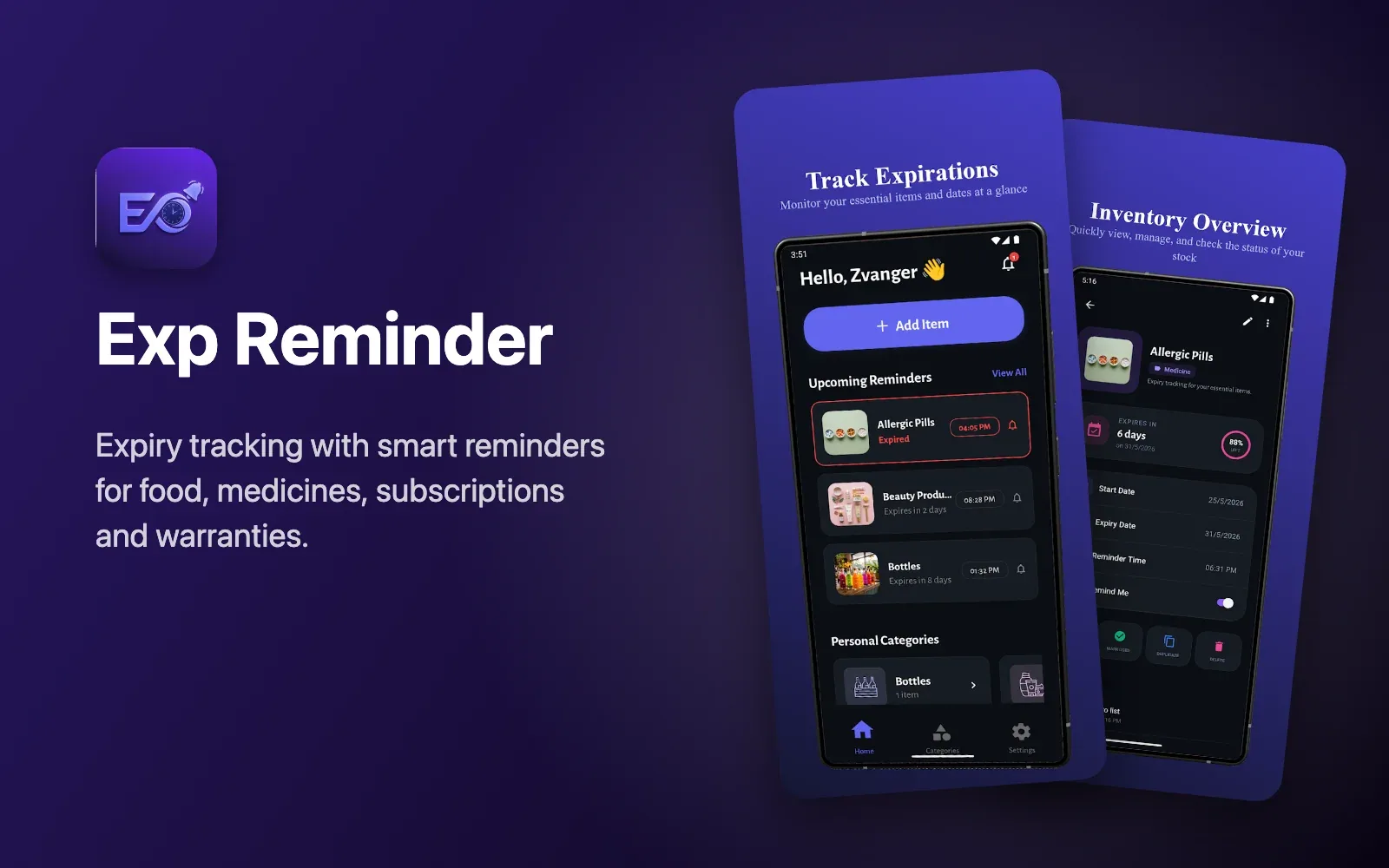 Exp Reminder cover: home screen with upcoming reminders and an item detail view