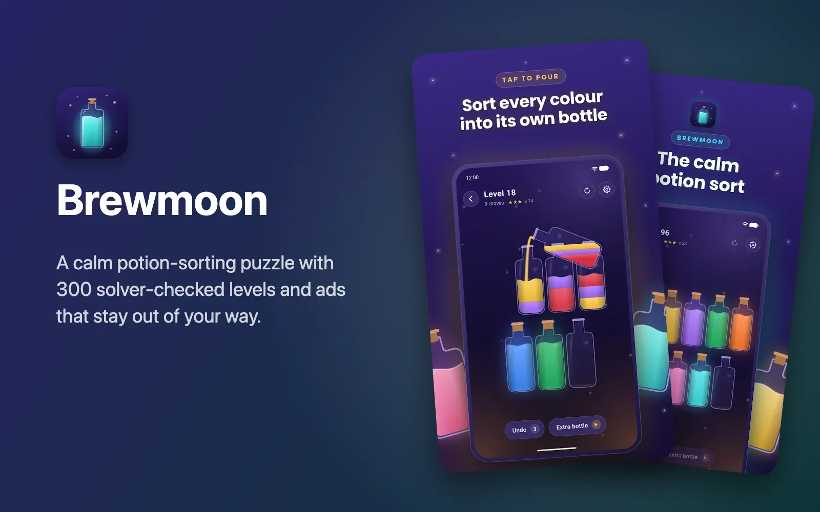 Brewmoon cover: the pour screen and a level of glowing potion bottles