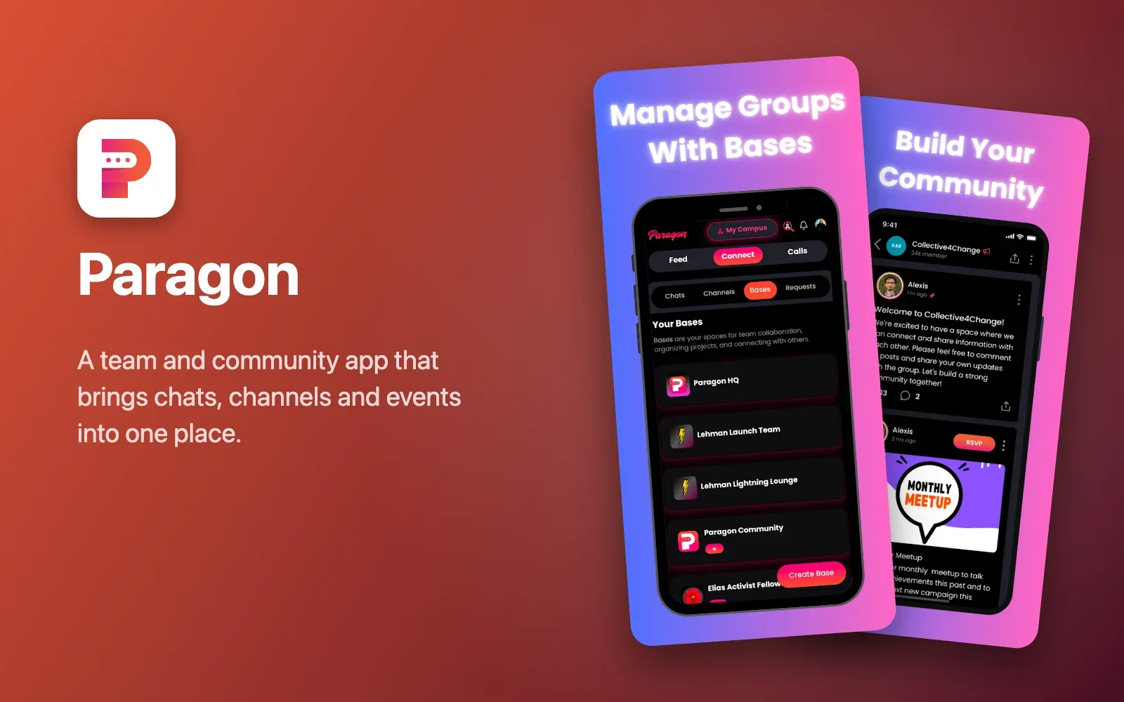 Paragon cover: the Bases list and a community feed with events