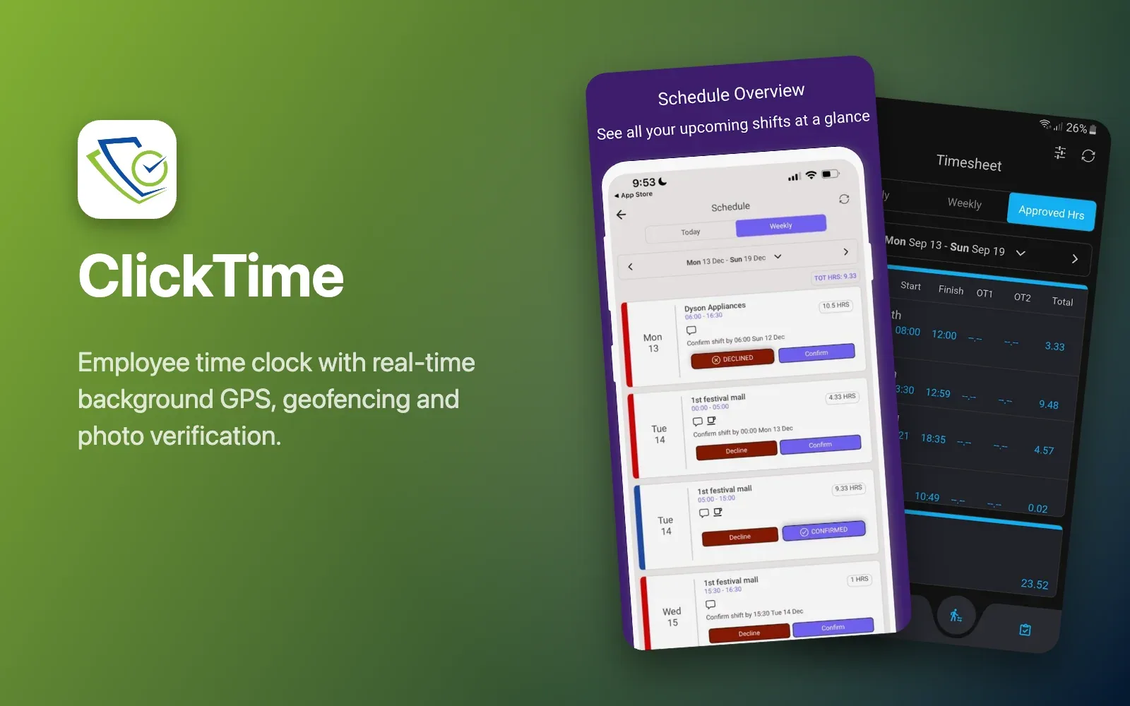 ClickTime cover: schedule overview and timesheet screens
