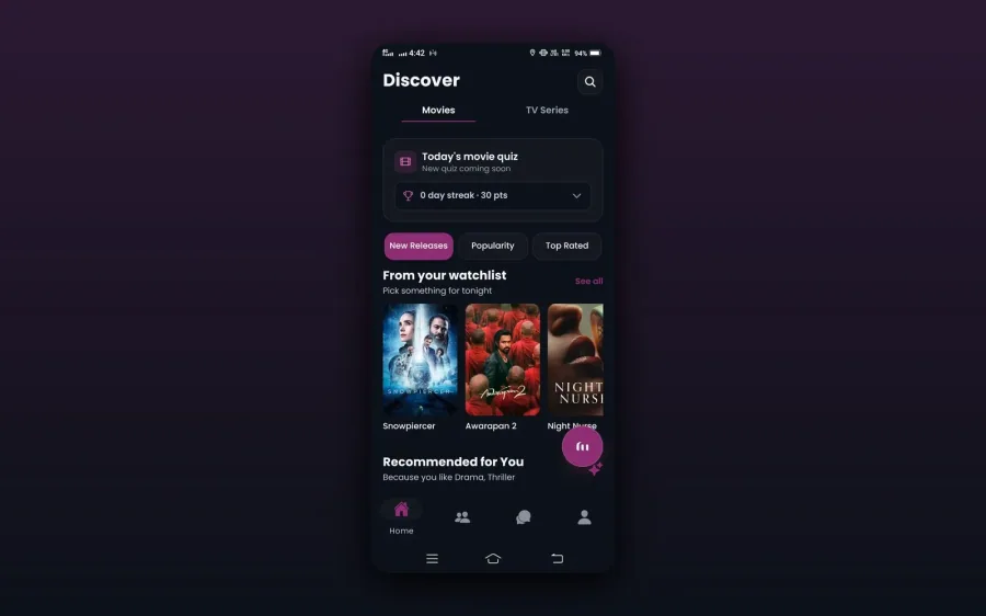 Discover feed with watchlist and recommendations