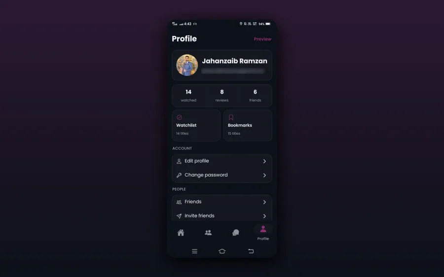 User profile with watchlist and bookmarks