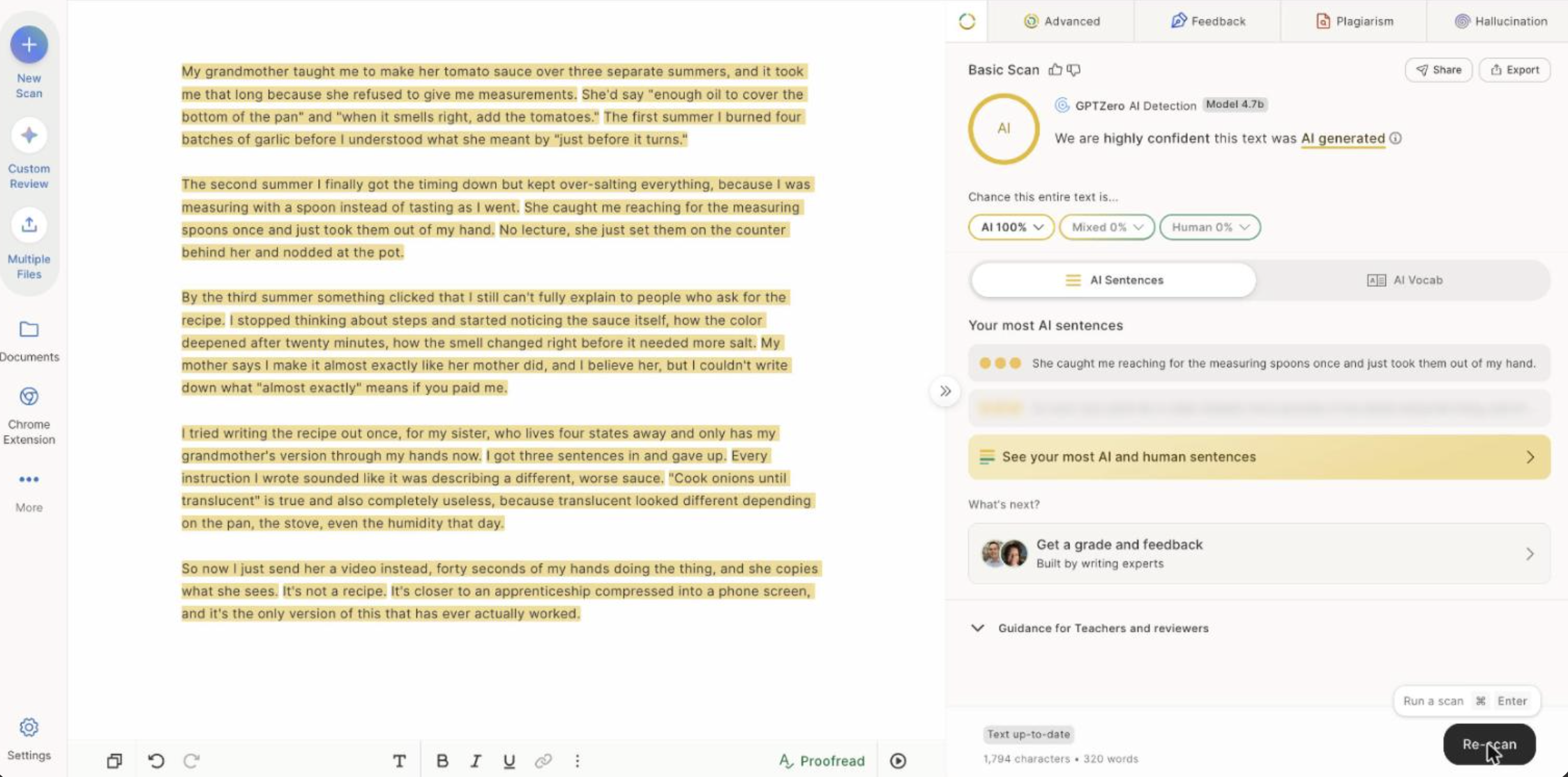 GPTZero AI detection result showing AI 100%, highly confident this text was AI generated