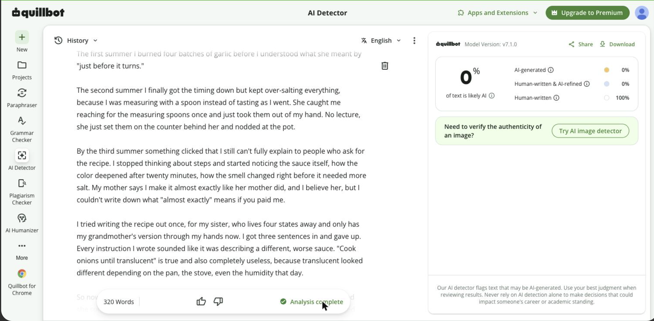 QuillBot AI detector result showing 0% AI-generated, 100% human-written