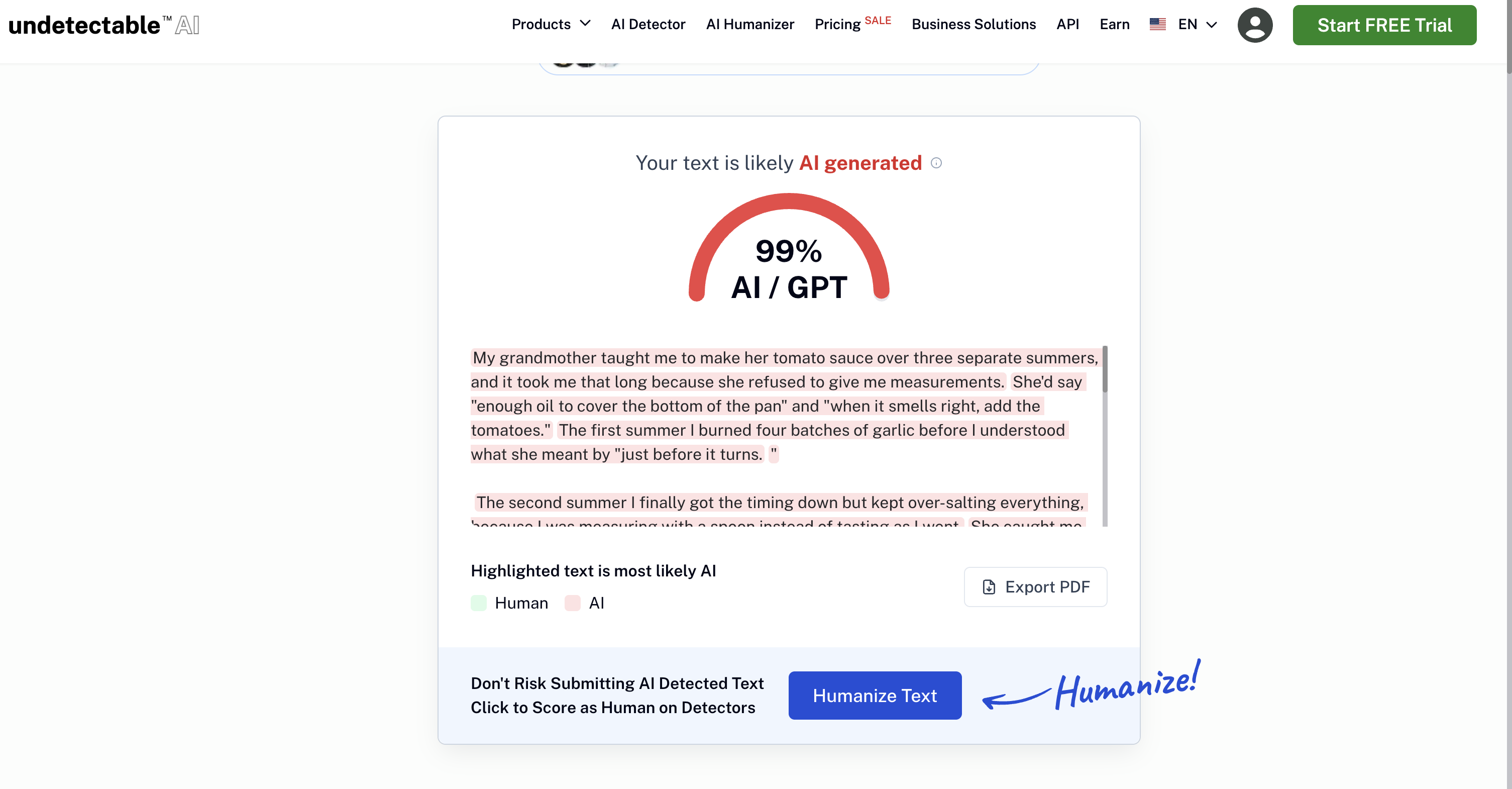Undetectable AI result showing 99% AI slash GPT, your text is likely AI generated