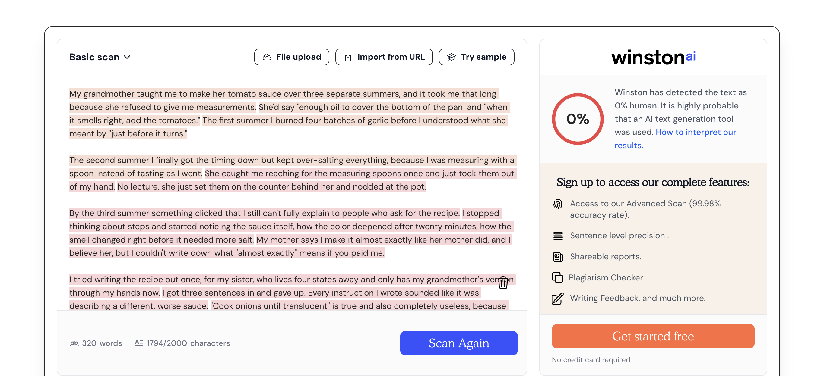 Winston AI result showing 0% human, highly probable an AI text generation tool was used