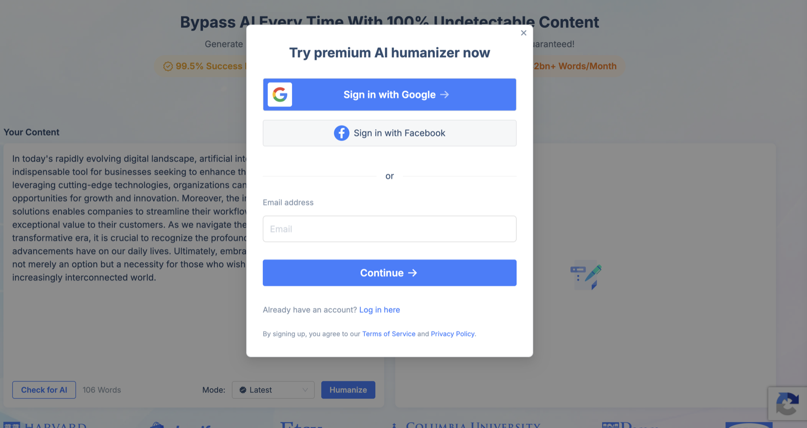 HIX Bypass showing a 'Try premium AI humanizer now' modal with Sign in with Google and Sign in with Facebook buttons, blocking the empty output panel, with a 106-word input behind it.