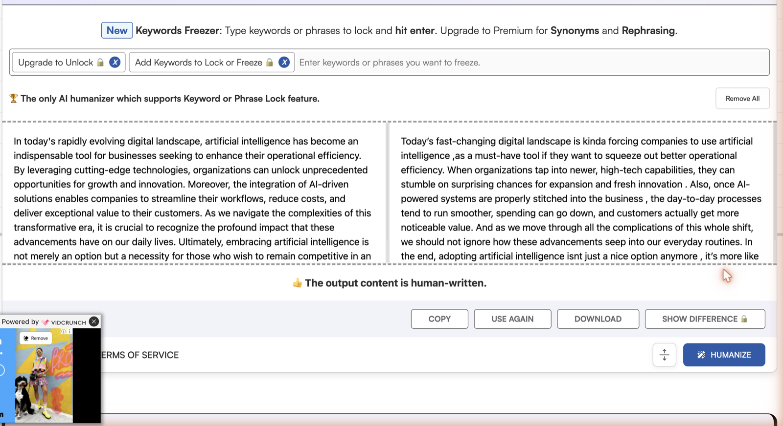 Humanize AI result with the output visible, a 0 of 300 words counter, Aggressive and Enhanced modes locked, and a banner offering unlimited words for six dollars.