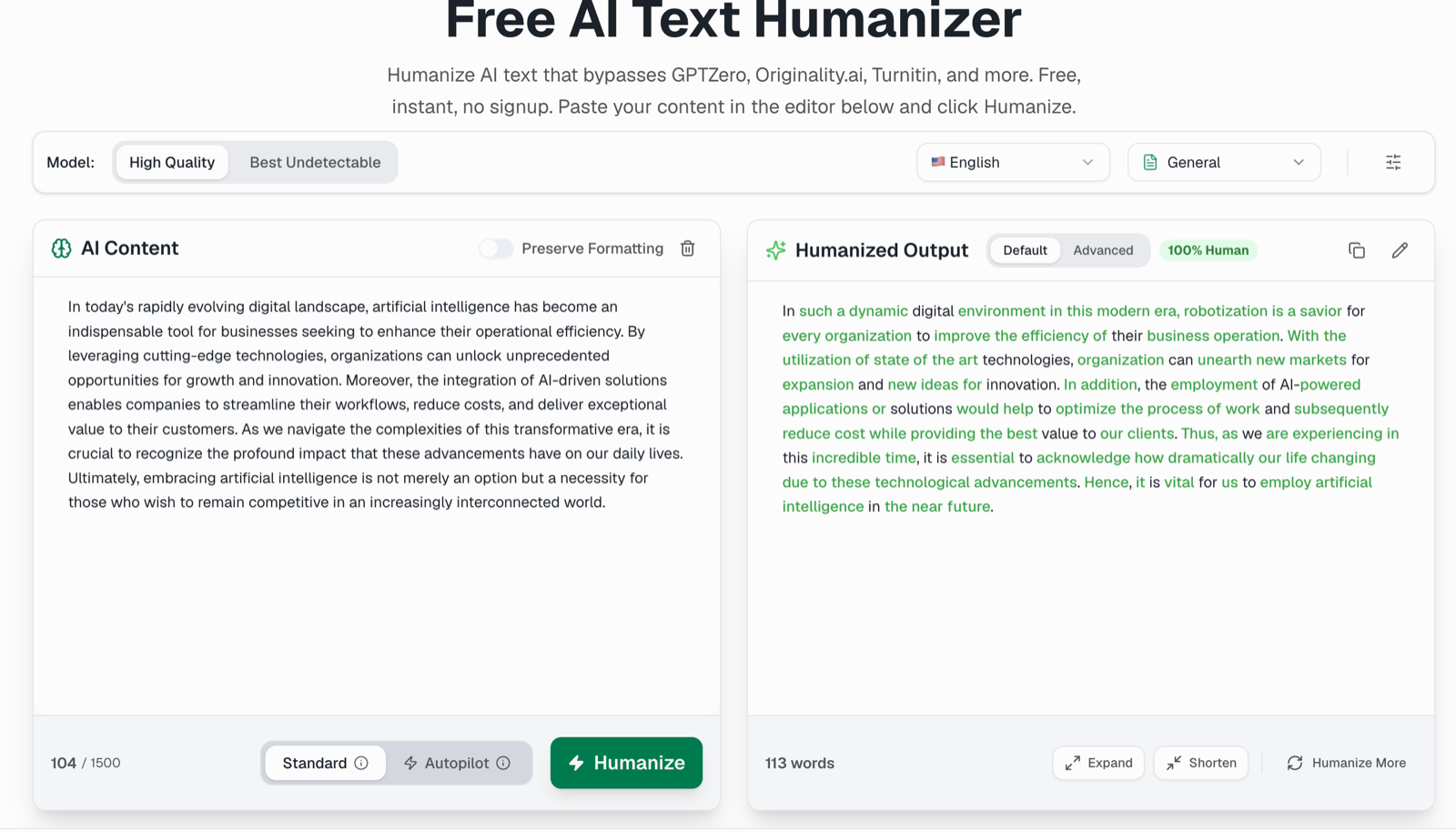 TextToHuman result showing the full humanized output highlighted in green, a 100 percent Human badge, and a 104 of 1500 word counter, with no signup prompt.
