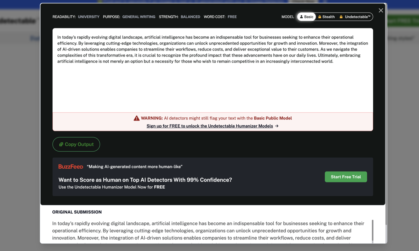 Undetectable.ai result modal showing a red warning that AI detectors might still flag text from the Basic Public Model, with a prompt to sign up free to unlock better models.