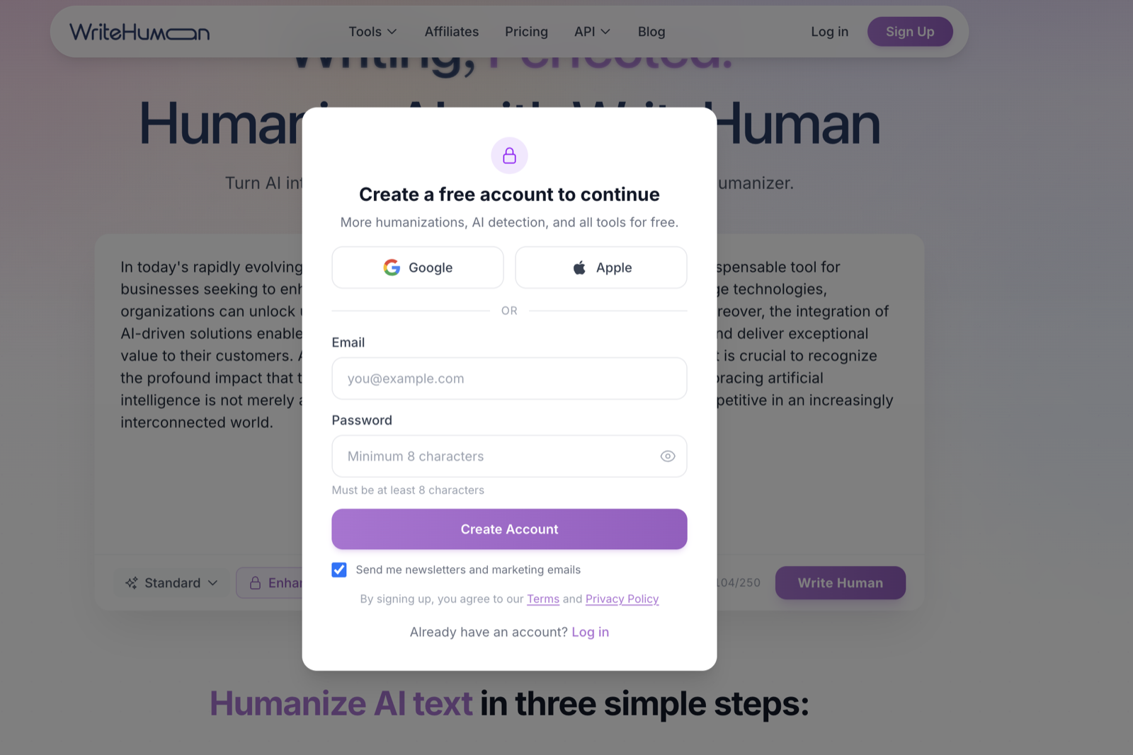 WriteHuman showing a 'Create a free account to continue' modal with Google, Apple, and email signup options, overlaying the tool, with a 104 of 250 word counter visible behind it.