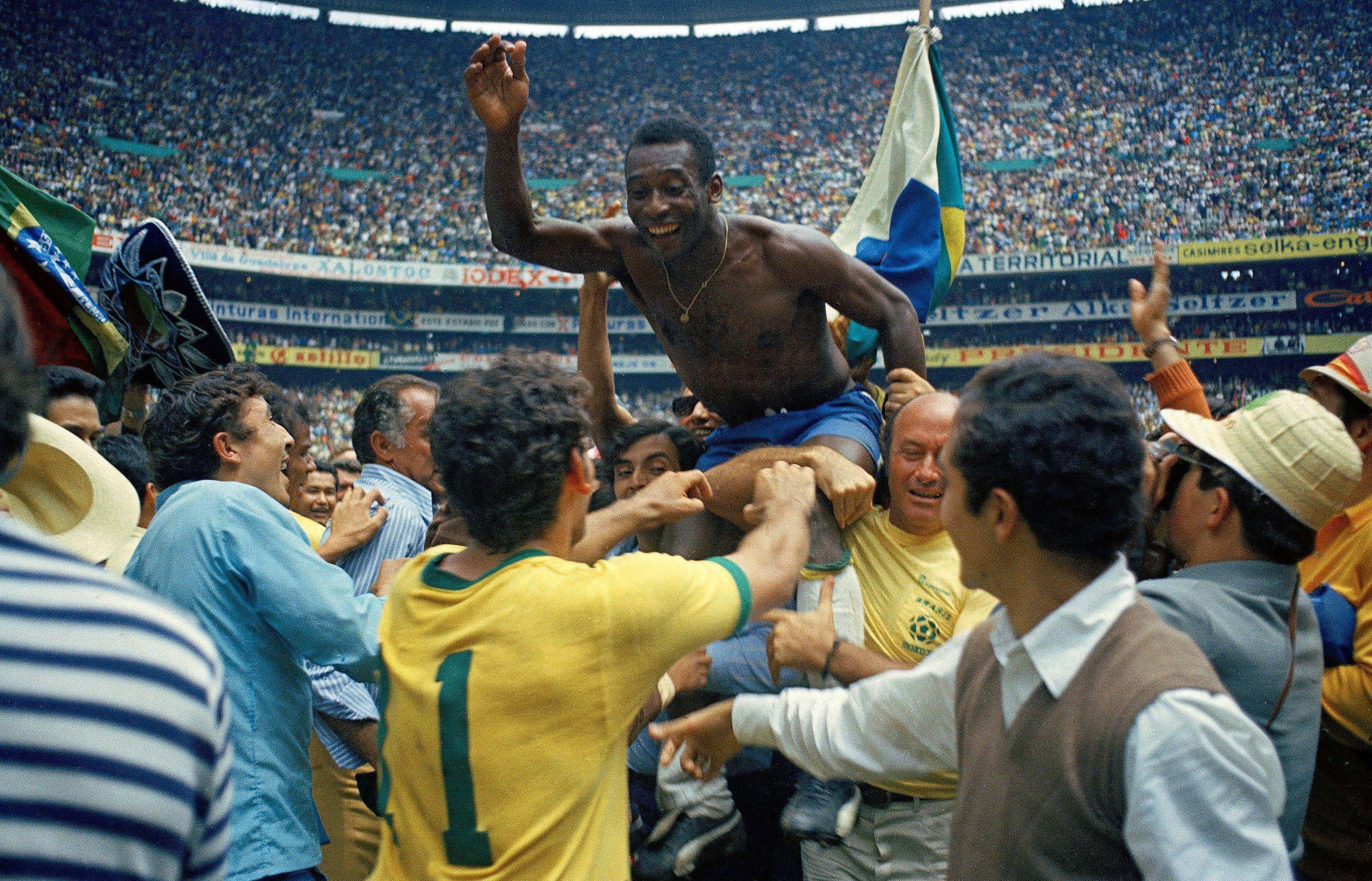 The legendary Pelé celebrating one of his historic World Cup triumphs with Brazil.