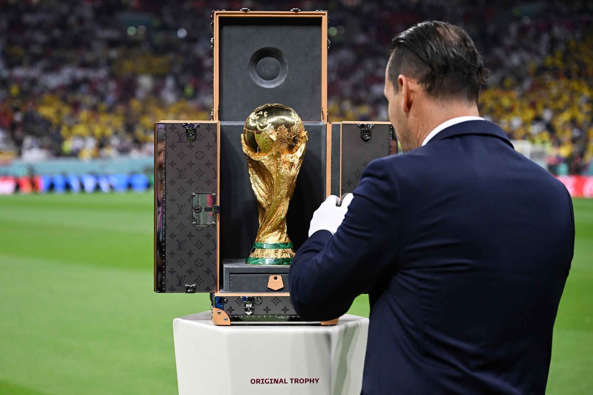 The modern solid-gold FIFA World Cup trophy, designed by Silvio Gazzaniga.
