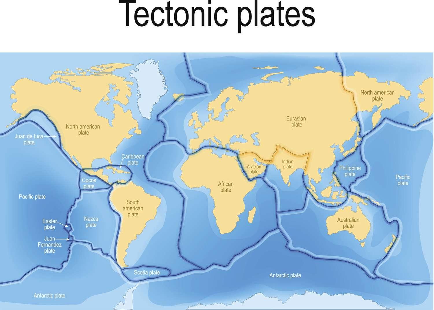 The Earth's lithosphere is divided into major tectonic plates that are constantly in motion.